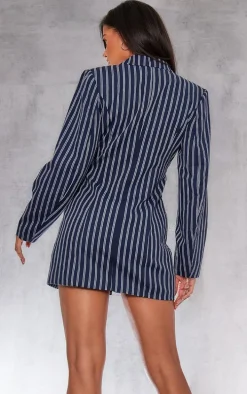 Navy Woven Stripe Pocket Long Sleeve Blazer Dress
