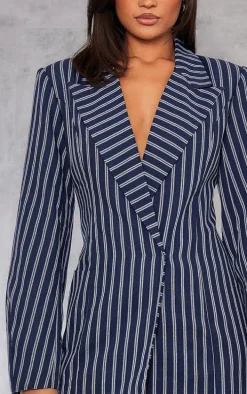 Navy Woven Stripe Pocket Long Sleeve Blazer Dress