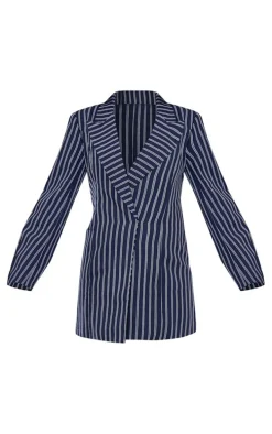 Navy Woven Stripe Pocket Long Sleeve Blazer Dress