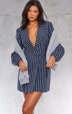 Navy Woven Stripe Pocket Long Sleeve Blazer Dress