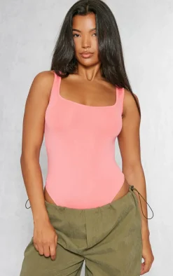 Neon Pink Basic Slinky Scoop Neck Bodysuit