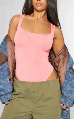 Neon Pink Basic Slinky Scoop Neck Bodysuit