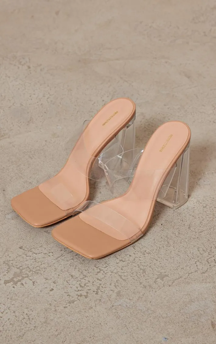 Nude Clear Square Toe Thick Double Strap Chunky Block High Heeled Sandals