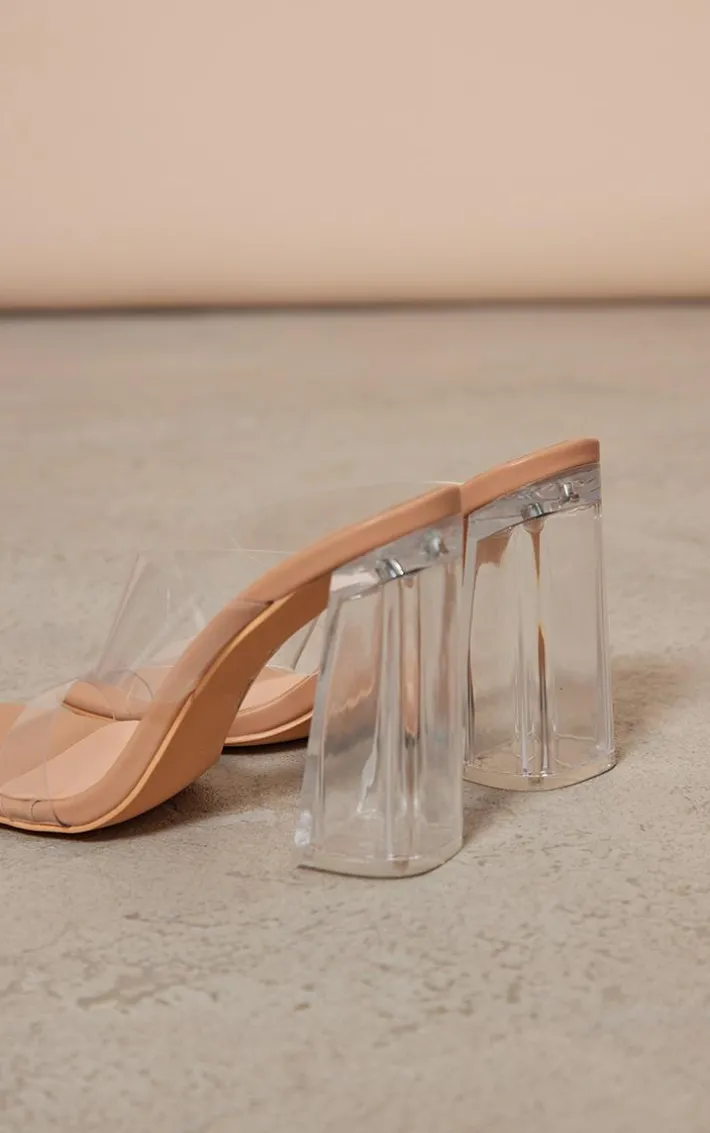 Nude Clear Square Toe Thick Double Strap Chunky Block High Heeled Sandals