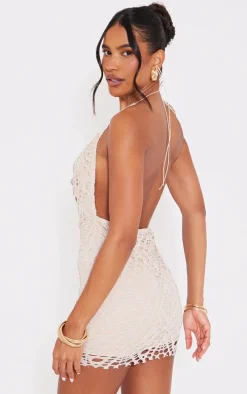 Nude Distressed Cowl Halterneck Mini Dress