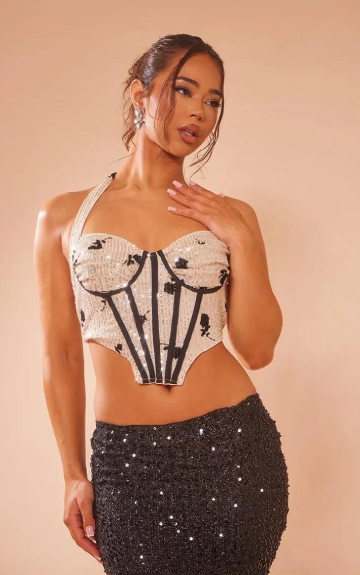 Nude Floral Detail Sequin Halter Bonded Ruched Bust Corset