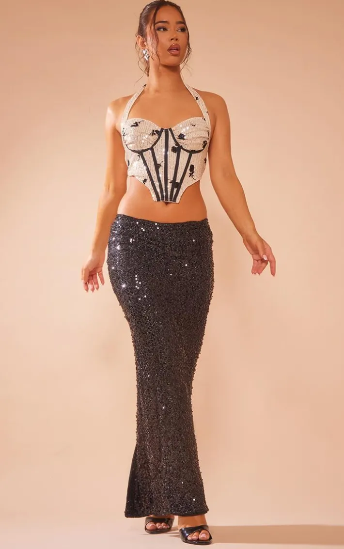 Nude Floral Detail Sequin Halter Bonded Ruched Bust Corset