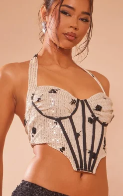 Nude Floral Detail Sequin Halter Bonded Ruched Bust Corset