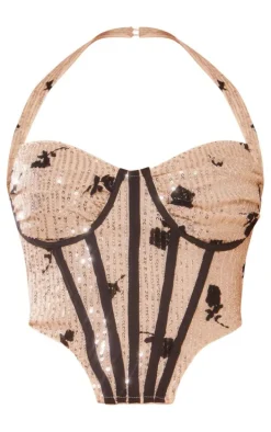 Nude Floral Detail Sequin Halter Bonded Ruched Bust Corset
