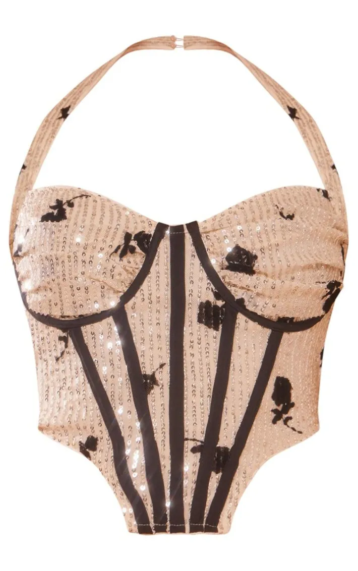 Nude Floral Detail Sequin Halter Bonded Ruched Bust Corset