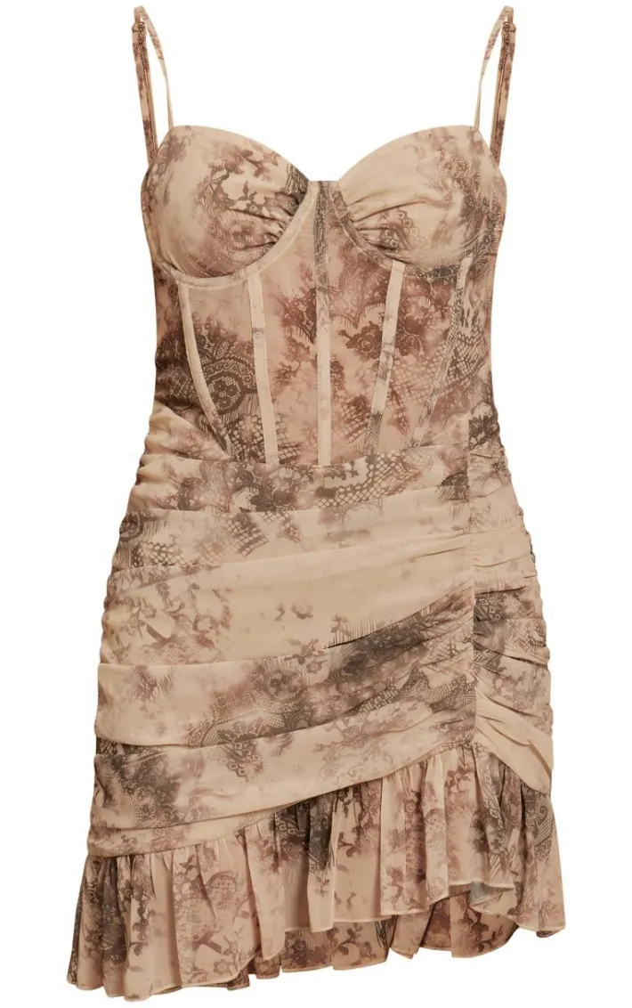 Nude Floral Print Corset Frill Hem Bodycon Dress