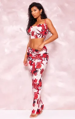 Nude Floral Print Plisse Maxi Skirt