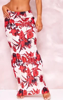 Nude Floral Print Plisse Maxi Skirt