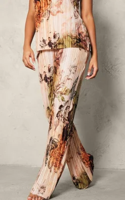 Nude Floral Printed Plisse Mid Rise Wide Leg Pants