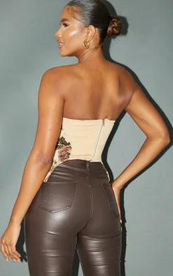 Nude Floral Woven Jacquard Ruched Bust Spilt Hem Corset