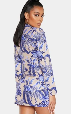 Nude Floral Wrap Detail Blazer Dress