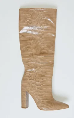 Nude Knee High Point Block Heel Boots