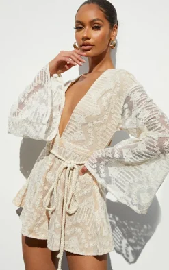 Nude Lace Flare Sleeve Rope Belt Romper