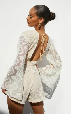 Nude Lace Flare Sleeve Rope Belt Romper