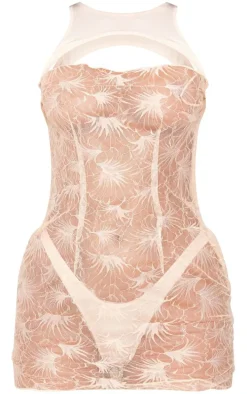 Nude Lace Sheer Racer Neck Cut Out Bodycon Dress