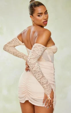 Nude Lace Underwired Bardot Drape Bodycon Dress
