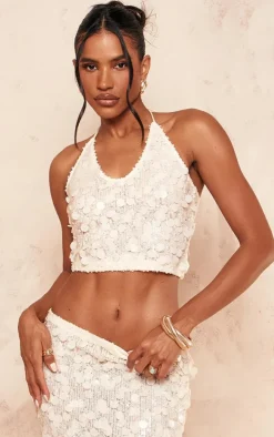 Nude Large Sequin Plunge Crop Top