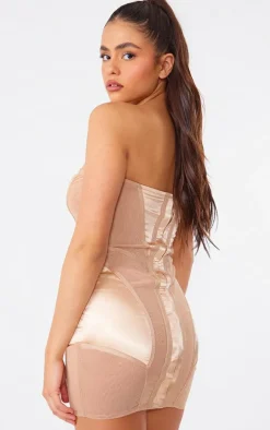 Nude Mesh Panel Lace Up Bandeau Bodycon Dress