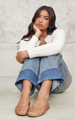 Nude Mesh Round Toe Diamante Stud Ballet Pumps