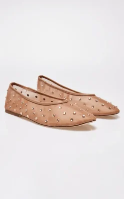Nude Mesh Round Toe Diamante Stud Ballet Pumps