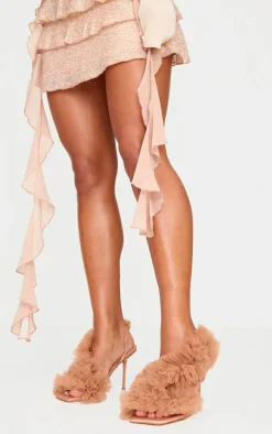 Nude Mesh Square Toe Ruffle Asymmetric Sling Back Heeled Sandals