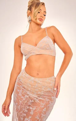 Nude Metallic Textured Mesh Bralet