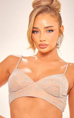 Nude Metallic Textured Mesh Bralet