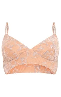 Nude Metallic Textured Mesh Bralet