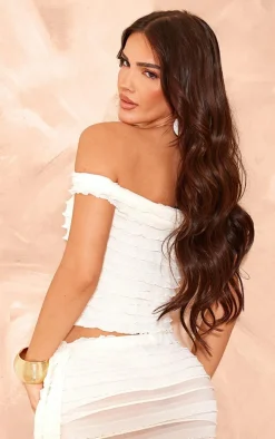 Nude Off The Shoulder Ruffle Textured Crop Top