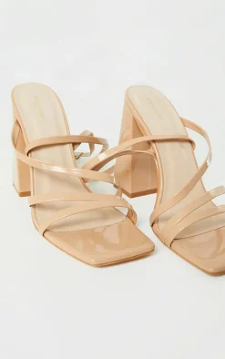 Nude Patent PU Square Toe Strappy High Block Heeled Sandals