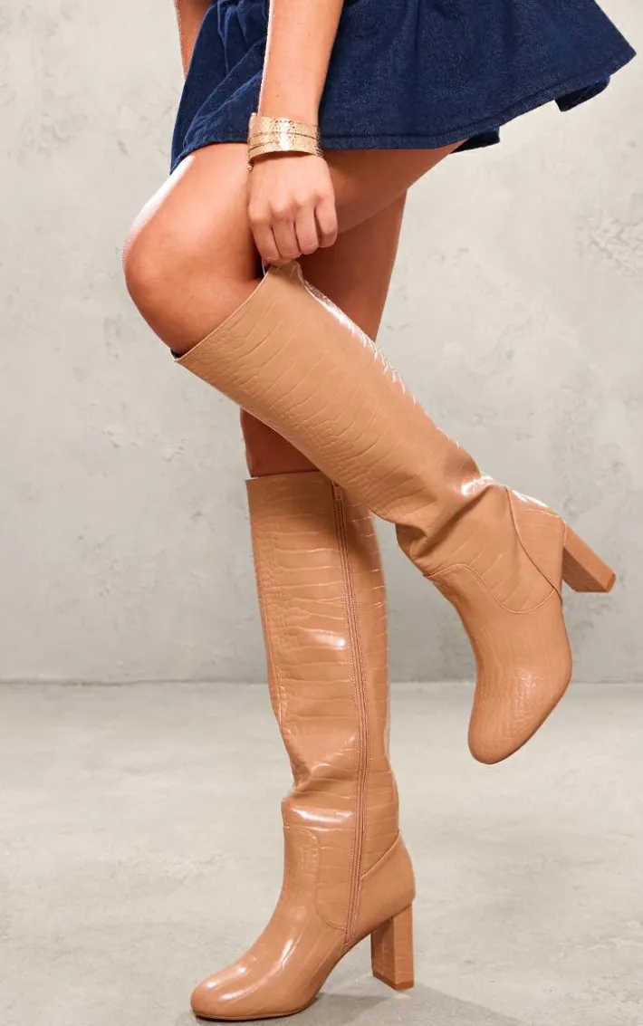 Nude Pu Croc Round Toe High Heeled Block Knee Boots