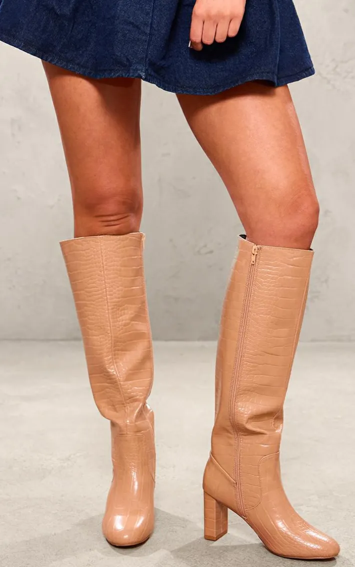 Nude Pu Croc Round Toe High Heeled Block Knee Boots