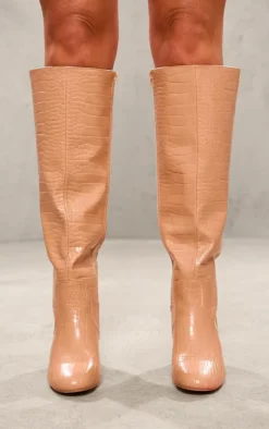 Nude Pu Croc Round Toe High Heeled Block Knee Boots