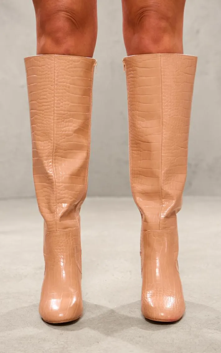 Nude Pu Croc Round Toe High Heeled Block Knee Boots
