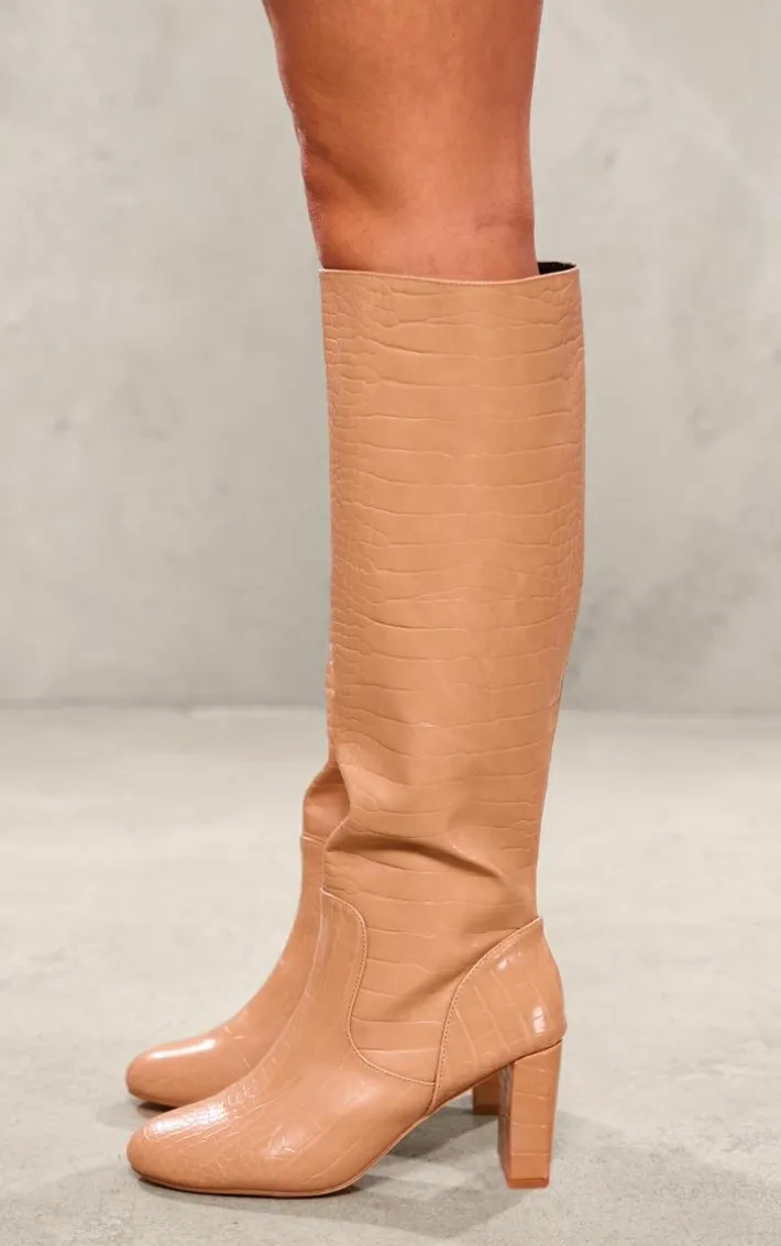 Nude Pu Croc Round Toe High Heeled Block Knee Boots