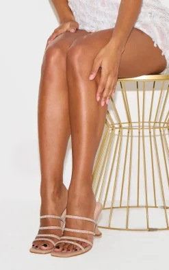 Nude PU Point Toe Diamante Strappy Heeled Mules