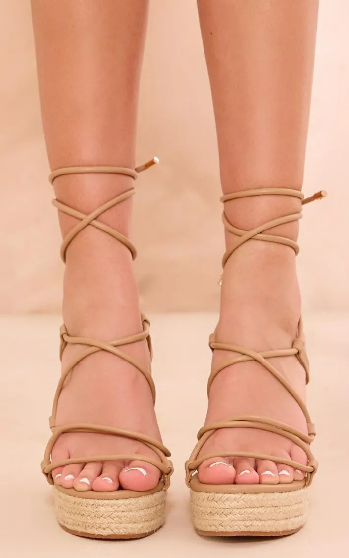 Nude PU Round Toe Cross Over Lace Up Espadrille High Wedges