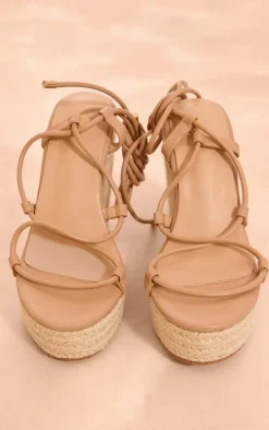 Nude PU Round Toe Cross Over Lace Up Espadrille High Wedges