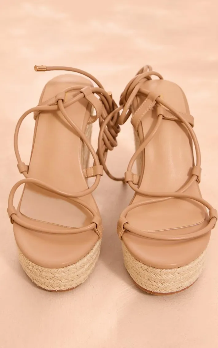 Nude PU Round Toe Cross Over Lace Up Espadrille High Wedges