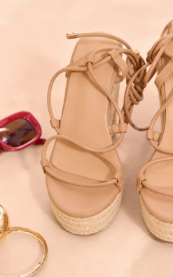 Nude PU Round Toe Cross Over Lace Up Espadrille High Wedges