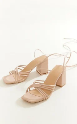 Nude Pu Square Multi Criss Cross Strap Block Heeled Tie Up Sandals