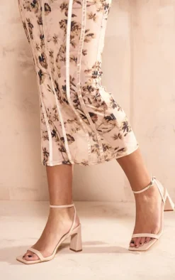 Nude Pu Square Toe Barely There Block High Heeled Sandals