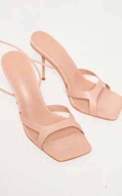 Nude Pu Square Toe Cut Out Strap Lace Up Heeled Sandals