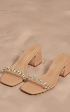 Nude PU Wide Fit Square Toe Jewel Perspex Block Heeled Mules