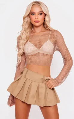 Nude Rhinestone Fishnet Long Sleeve Crew Neck Crop Top
